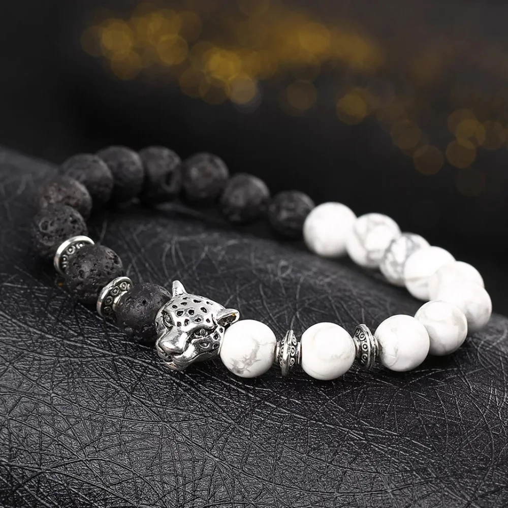Lava Stone Pearl Marble Beaded Leopard Cat Bracelet